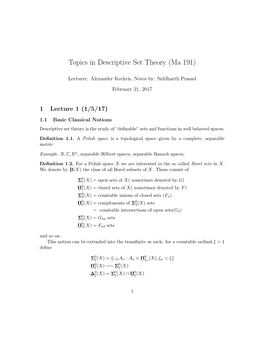 Topics in Descriptive Set Theory (Ma 191)