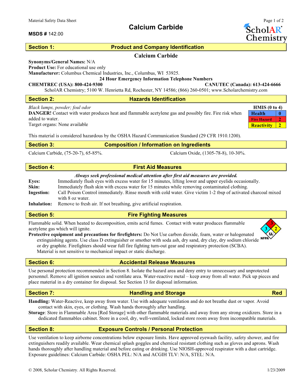 Calcium Carbide MSDS # 142.00