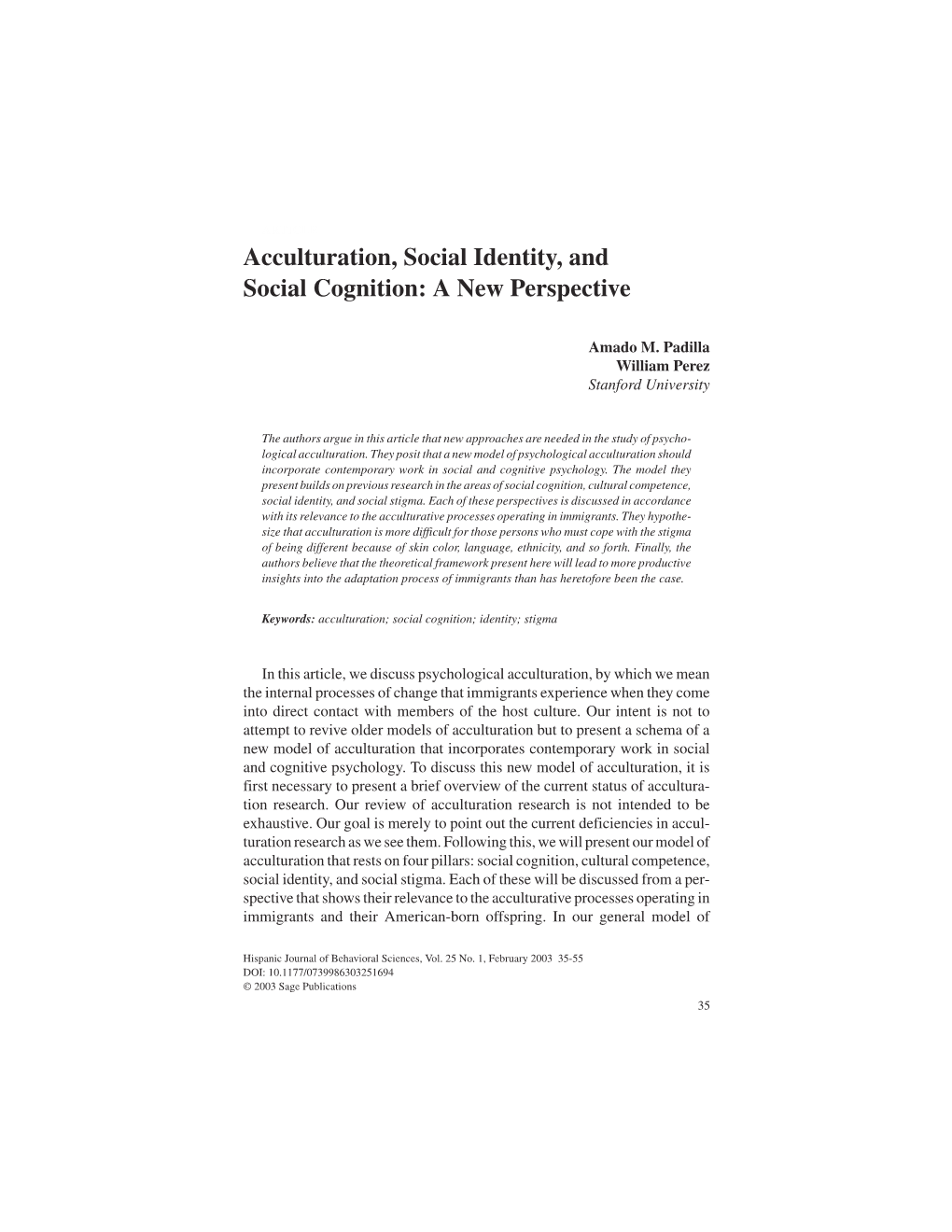 Acculturation, Social Identity, and Social Cognition: a New Perspective