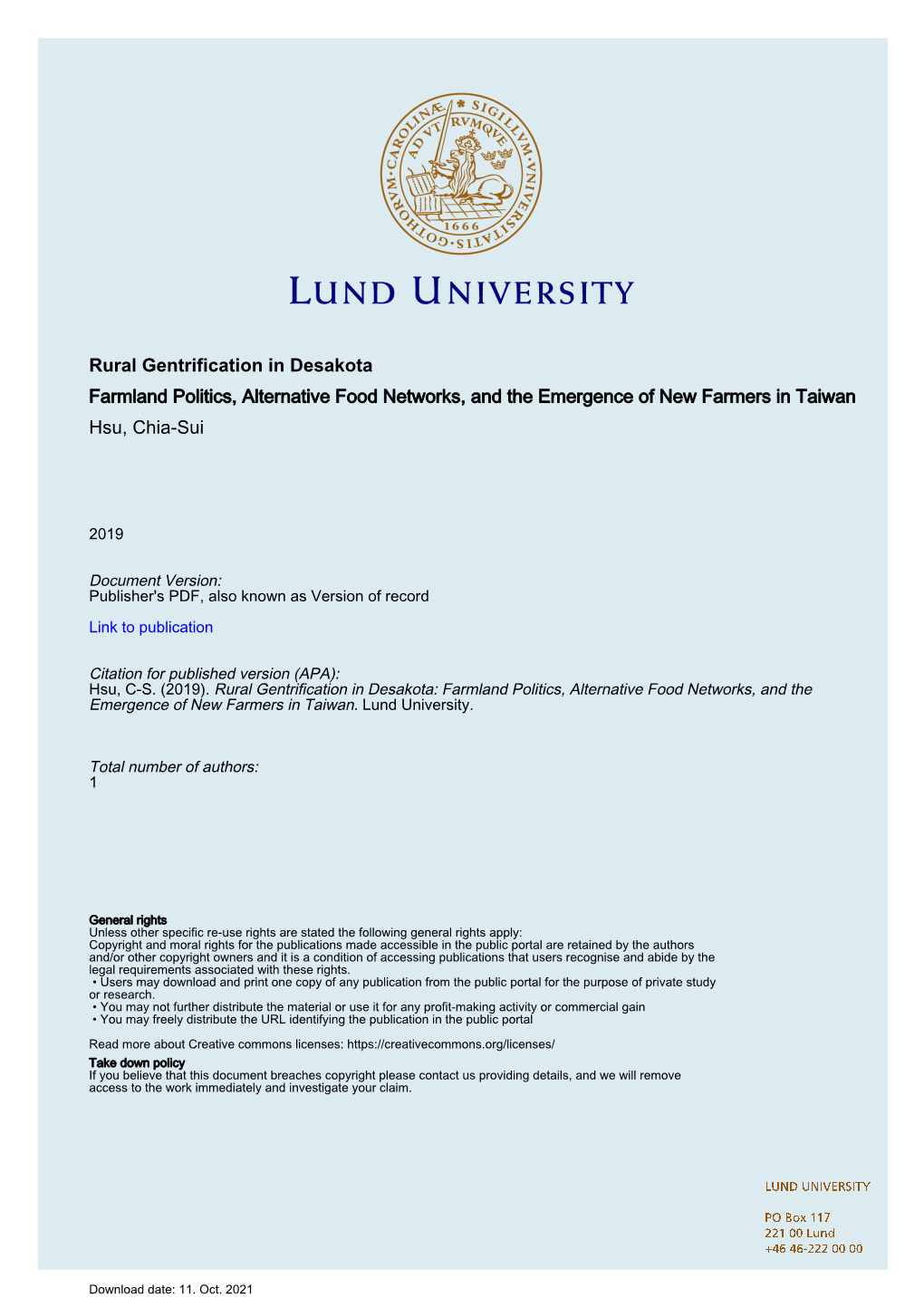 Rural Gentrification in Desakota Farmland Politics, Alternative Food Networks, and the Emergence of New Farmers in Taiwan Hsu, Chia-Sui