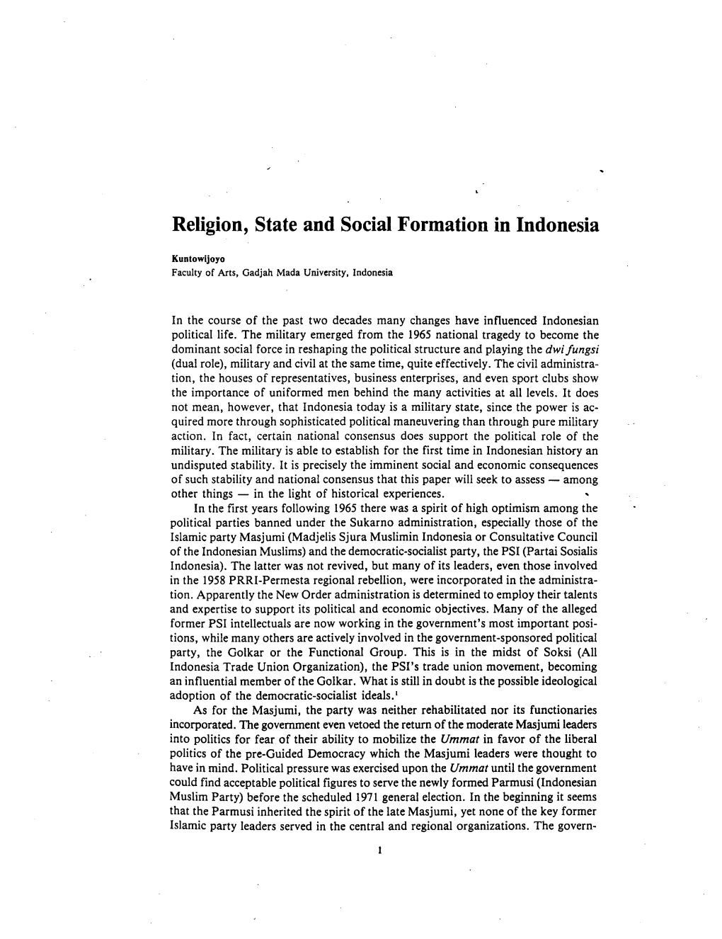 I Religion, State and Social Formation in Indonesia Kuntowijoyo Faculty Of