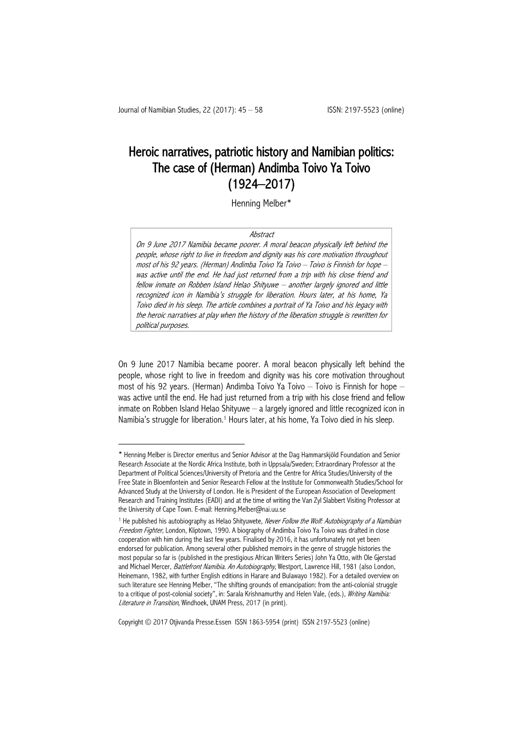 Heroic Narratives, Patriotic History and Namibian Politics: the Case of (Herman) Andimba Toivo Ya Toivo (1924–2017)