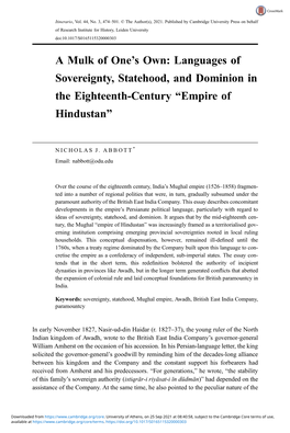A Mulk of One's Own: Languages of Sovereignty, Statehood, And