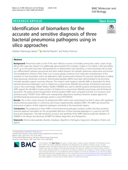 Identification of Biomarkers for the Accurate and Sensitive Diagnosis Of