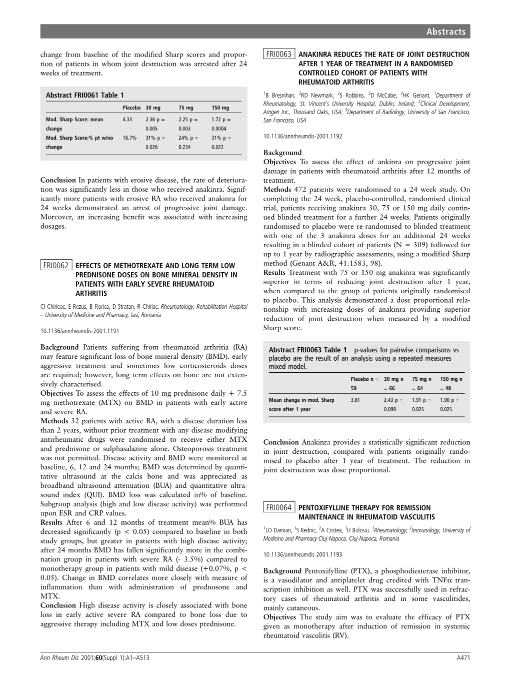 FRI0063 Anakinra Reduces the Rate of Joint Destruction After 1 Year Of