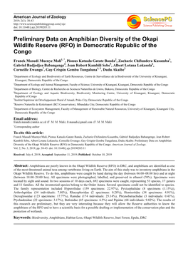 Preliminary Data on Amphibian Diversity of the Okapi Wildlife Reserve (RFO) in Democratic Republic of the Congo