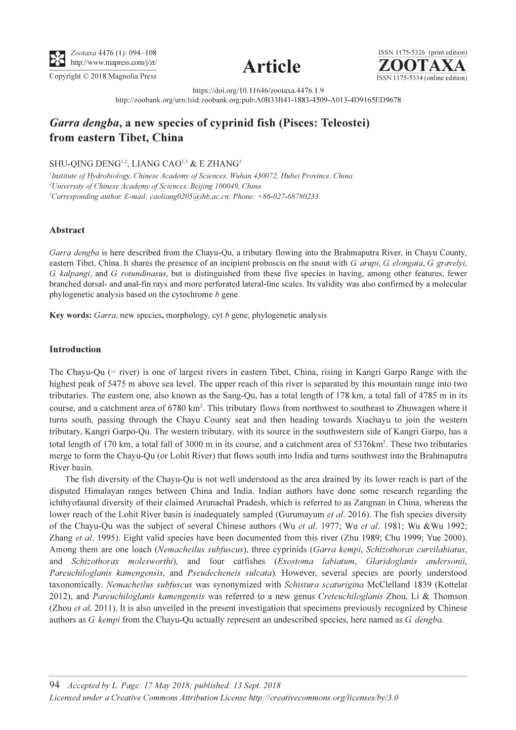 Garra Dengba, a New Species of Cyprinid Fish (Pisces: Teleostei) from Eastern Tibet, China