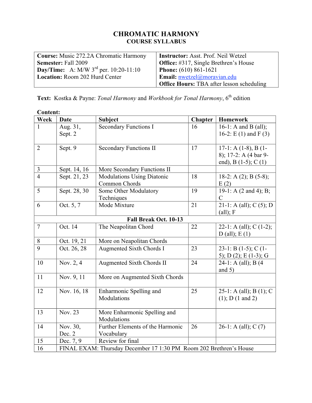 Chromatic Harmony Course Syllabus