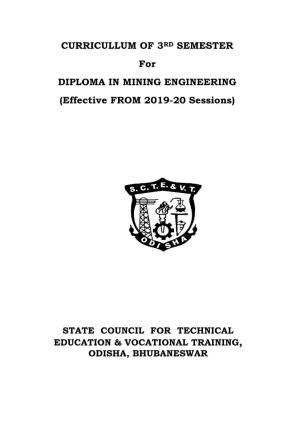 CURRICULLUM of 3RD SEMESTER for DIPLOMA in MINING ENGINEERING (Effective from 2019-20 Sessions)