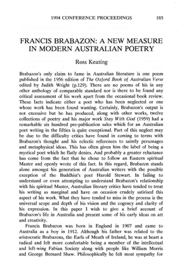 Francis Brabazon: a New Measure in Modern Australian Poetry