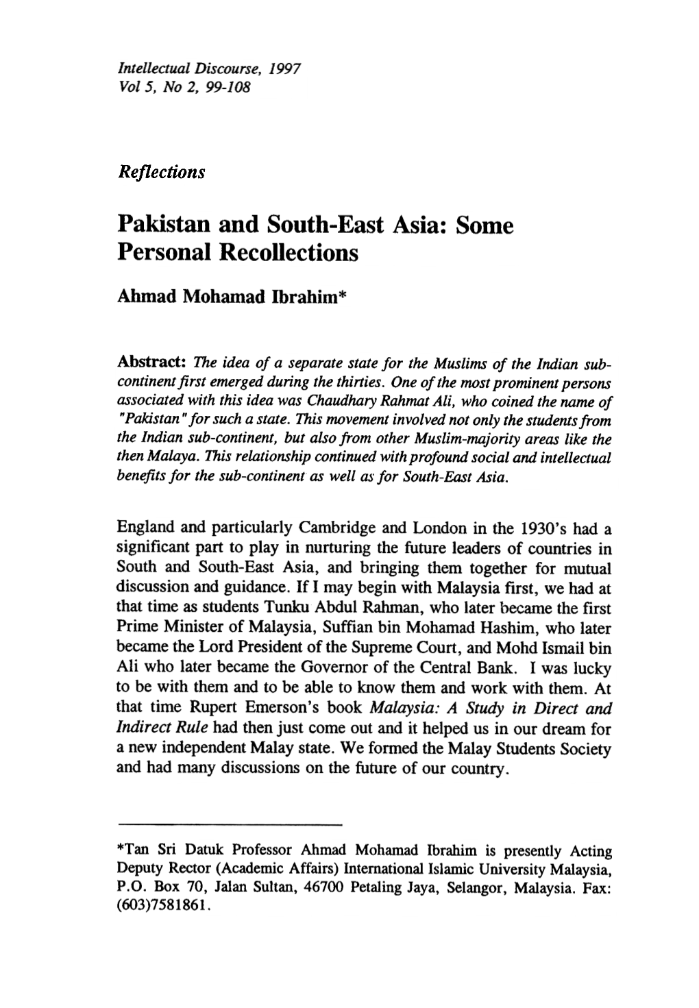 Pakistan and South-East Asia: Some Personal Recollections