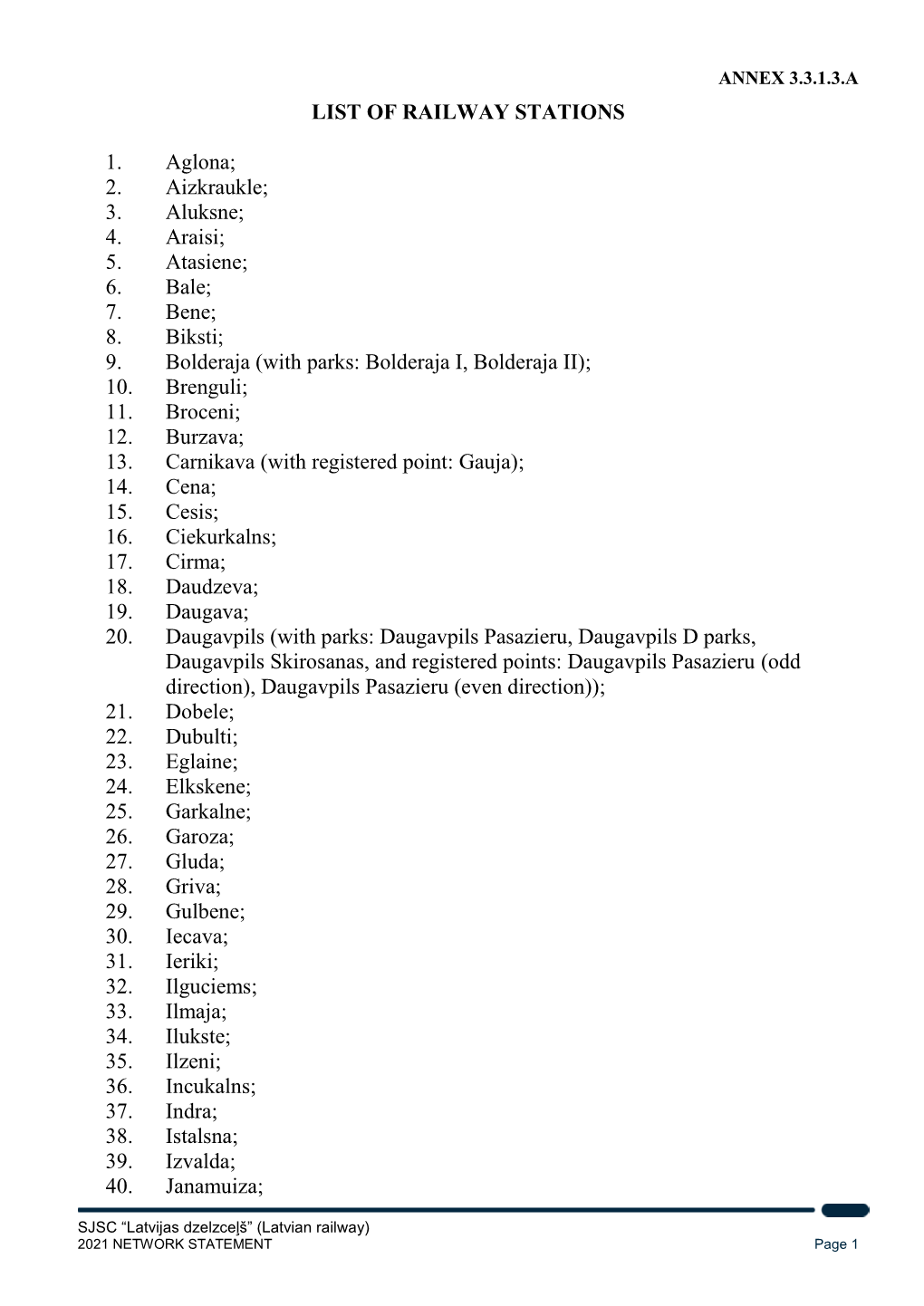 LIST of RAILWAY STATIONS 1. Aglona; 2. Aizkraukle; 3. Aluksne; 4. Araisi; 5. Atasiene; 6. Bale; 7. Bene; 8. Biksti; 9. Bolderaja