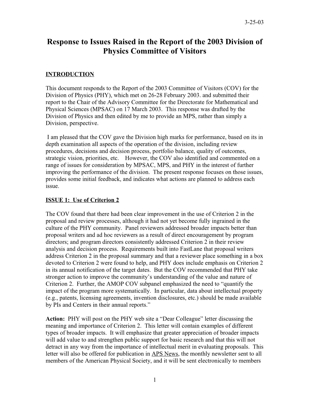 Response to Issues Raised in the Report of the 2003 Division of Physics Committee of Visitors