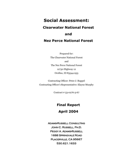 Social Assessment: Clearwater National Forest and Nez Perce National Forest