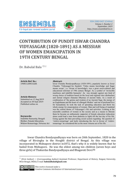 Contribution of Pundit Iswar Chandra Vidyasagar (1820-1891) As a Messiah of Women Emancipation in 19Th Century Bengal