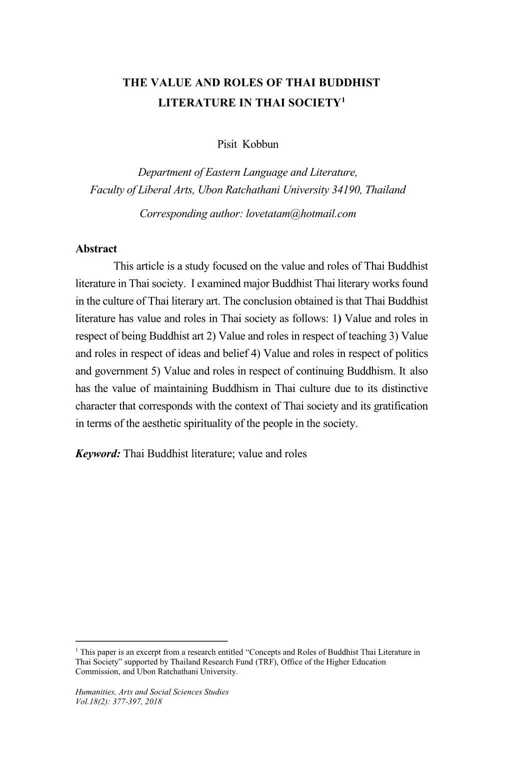 The Value and Roles of Thai Buddhist Literature in Thai Society1