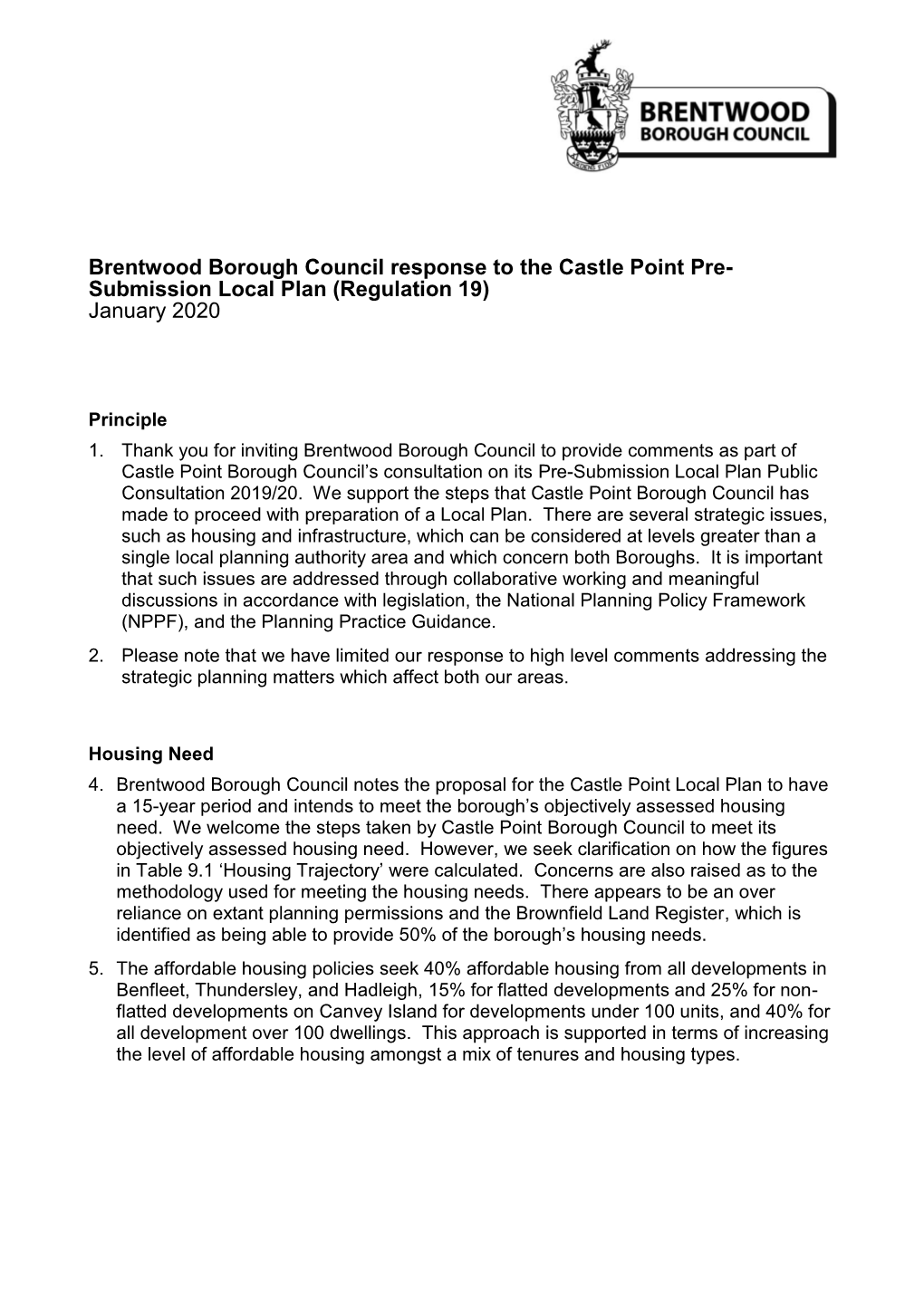 Brentwood Borough Council Response to the Castle Point Pre- Submission Local Plan (Regulation 19) January 2020