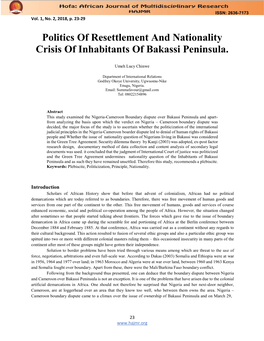 Politics of Resettlement and Nationality Crisis of Inhabitants of Bakassi Peninsula