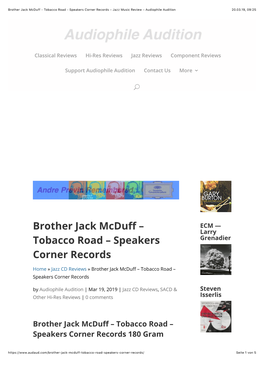 Brother Jack Mcduff– Tobacco Road – Speakers Corner Records