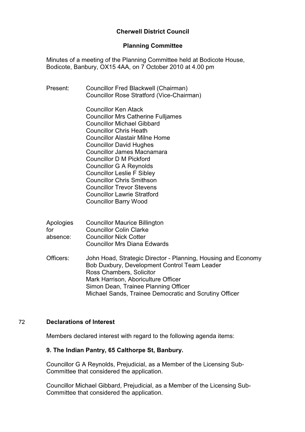 Cherwell District Council Planning Committee Minutes of a Meeting of the Planning Committee Held at Bodicote House, Bodicote, Ba