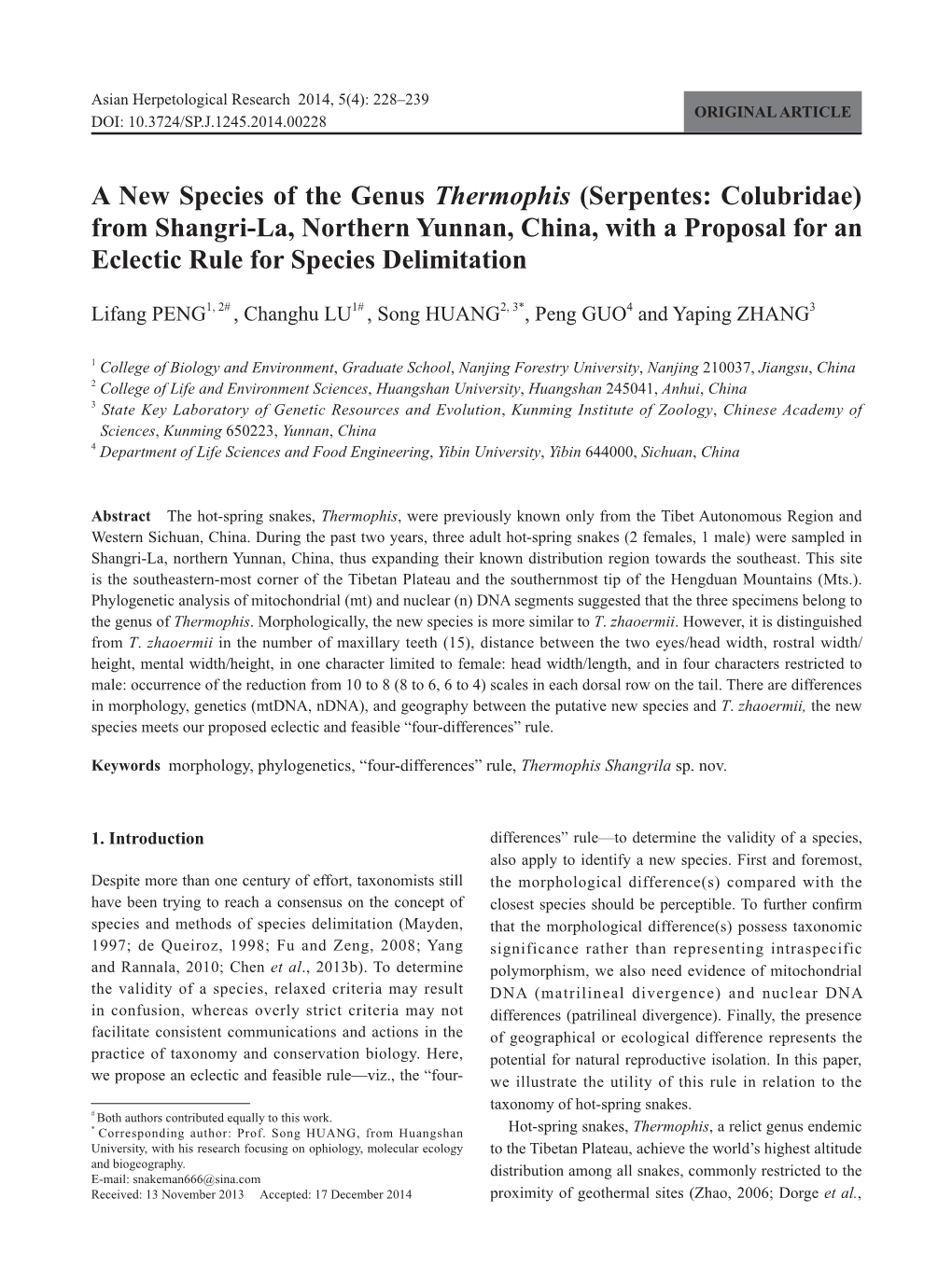 A New Species of the Genus Thermophis (Serpentes: Colubridae) from Shangri-La, Northern Yunnan, China, with a Proposal for an Eclectic Rule for Species Delimitation