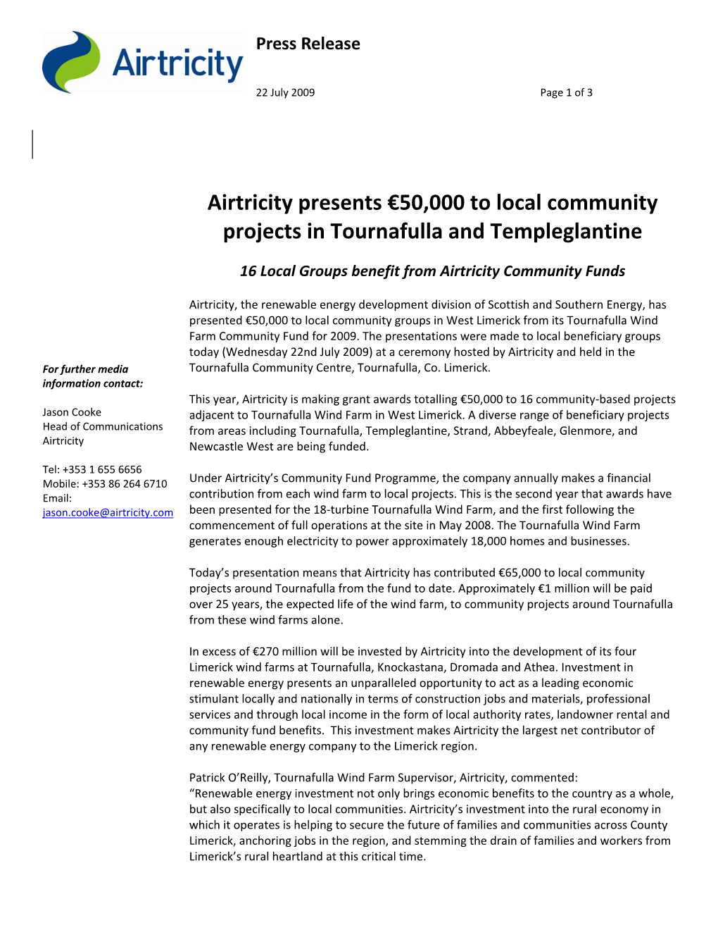Airtricity Presents €50,000 to Local Community Projects in Tournafulla and Templeglantine
