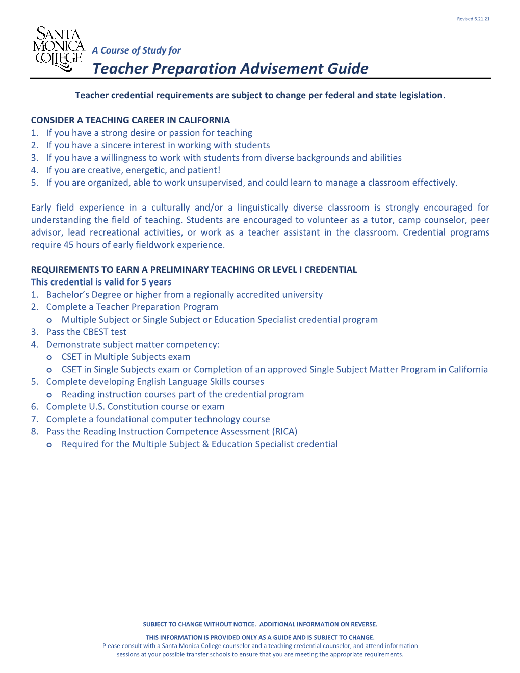 Teacher Preparation Advisement Guide