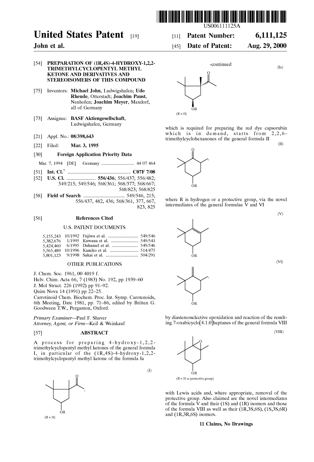 United States Patent (19) 11 Patent Number: 6,111,125 John Et Al