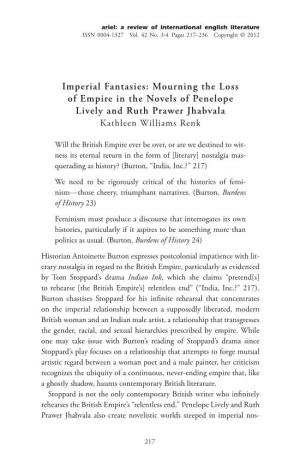 Mourning the Loss of Empire in the Novels of Penelope Lively and Ruth Prawer Jhabvala Kathleen Williams Renk