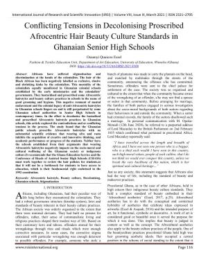 Conflicting Tensions in Decolonising Proscribed Afrocentric Hair Beauty Culture Standards in Ghanaian Senior High Schools
