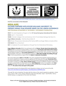 Media Alert: Flickers Partners with Roger Williams University to Present Spring Film/Speaker Series on the Jewish Experience Free Program Sponsored by the Edwin S