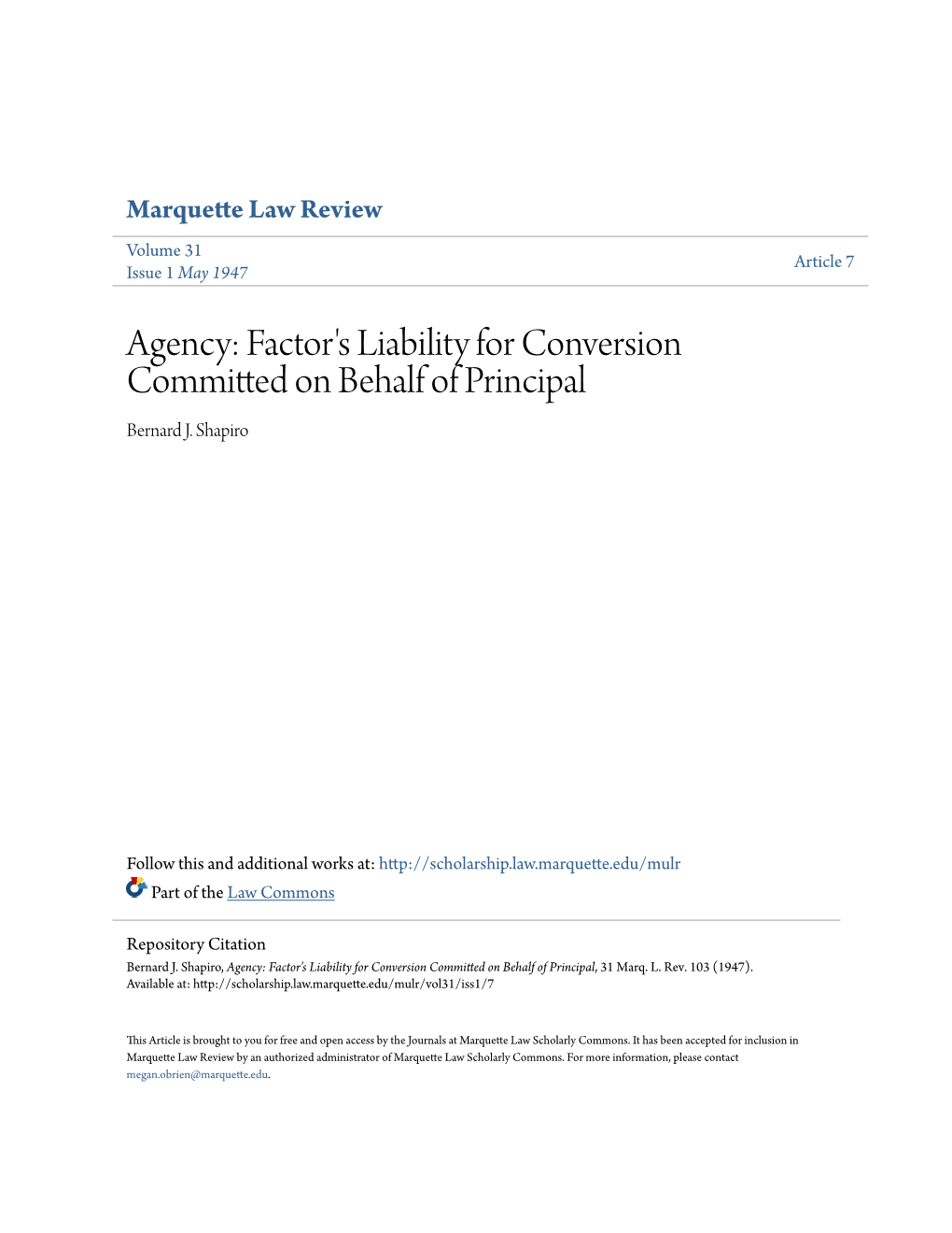 Agency: Factor's Liability for Conversion Committed on Behalf of Principal Bernard J