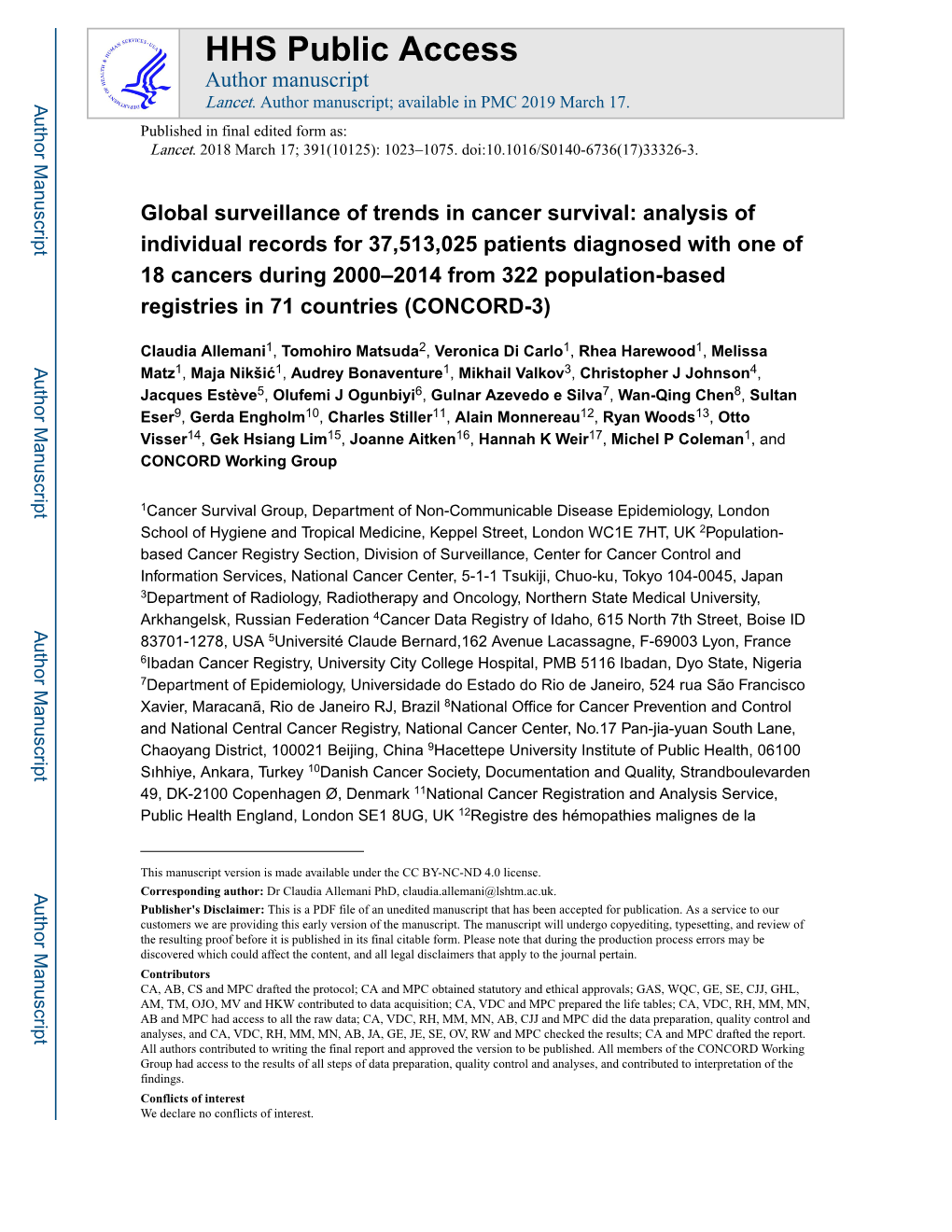 Global Surveillance of Trends in Cancer Survival