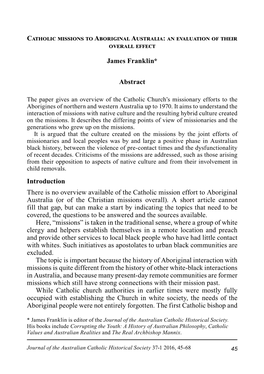 Catholic Missions to Aboriginal Australia: an Evaluation of Their Overall Effect