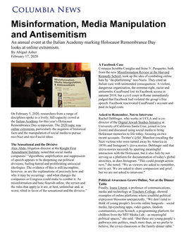 Misinformation, Media Manipulation and Antisemitism an Annual Event at the Italian Academy Marking Holocaust Remembrance Day Looks at Online Extremism
