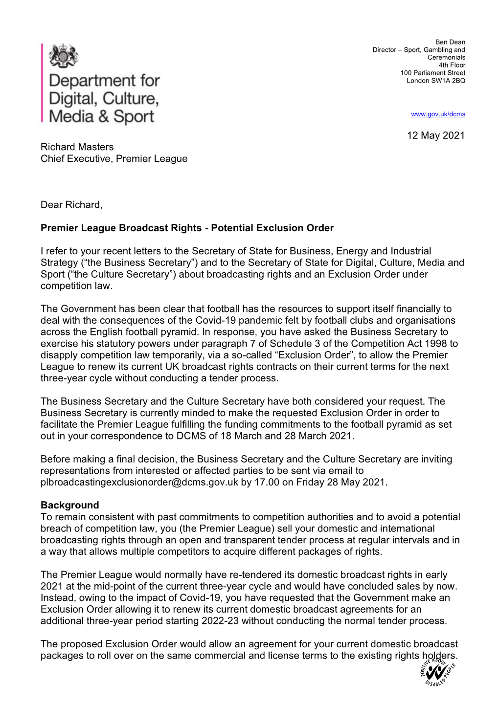 Premier League Broadcast Rights - Potential Exclusion Order