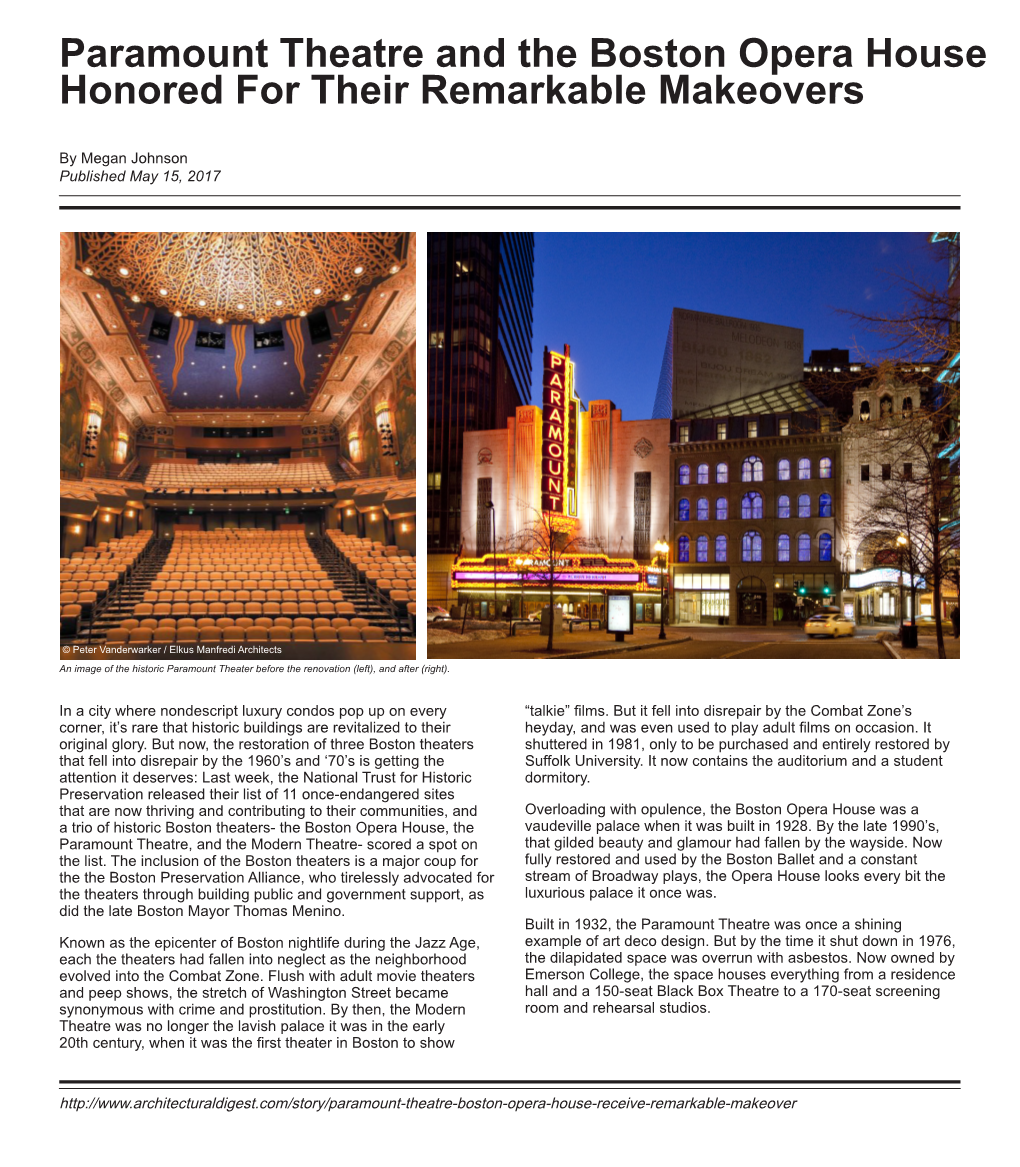 Paramount Theatre and the Boston Opera House Honored for Their Remarkable Makeovers