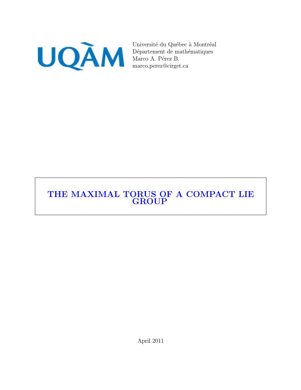 The Maximal Torus of a Compact Lie Group