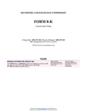 PENSKE AUTOMOTIVE GROUP, INC. Form 8-K Current Event Report