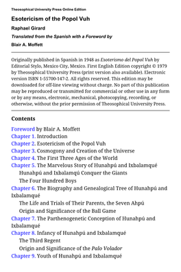 Esotericism of the Popol Vuh Raphael Girard Translated from the Spanish with a Foreword by Blair A