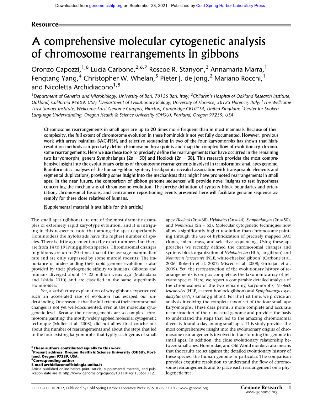 A Comprehensive Molecular Cytogenetic Analysis of Chromosome Rearrangements in Gibbons