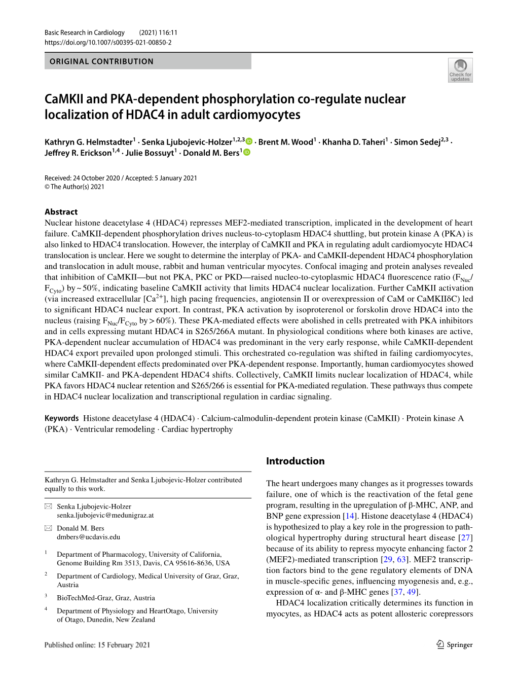 Camkii and PKA-Dependent Phosphorylation Co-Regulate Nuclear Localization of HDAC4 in Adult Cardiomyocytes