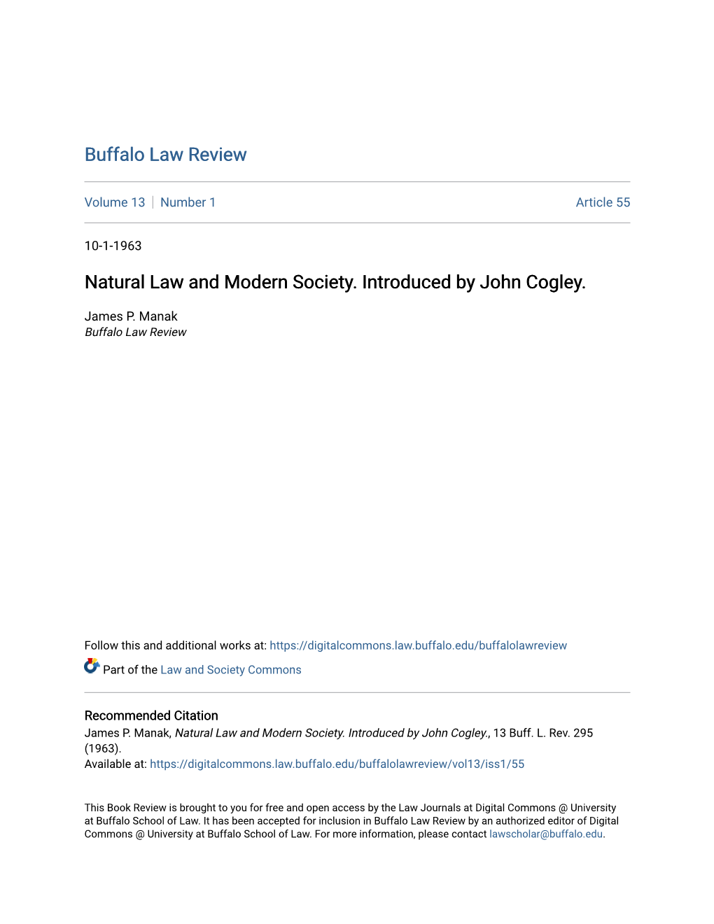 Natural Law and Modern Society. Introduced by John Cogley