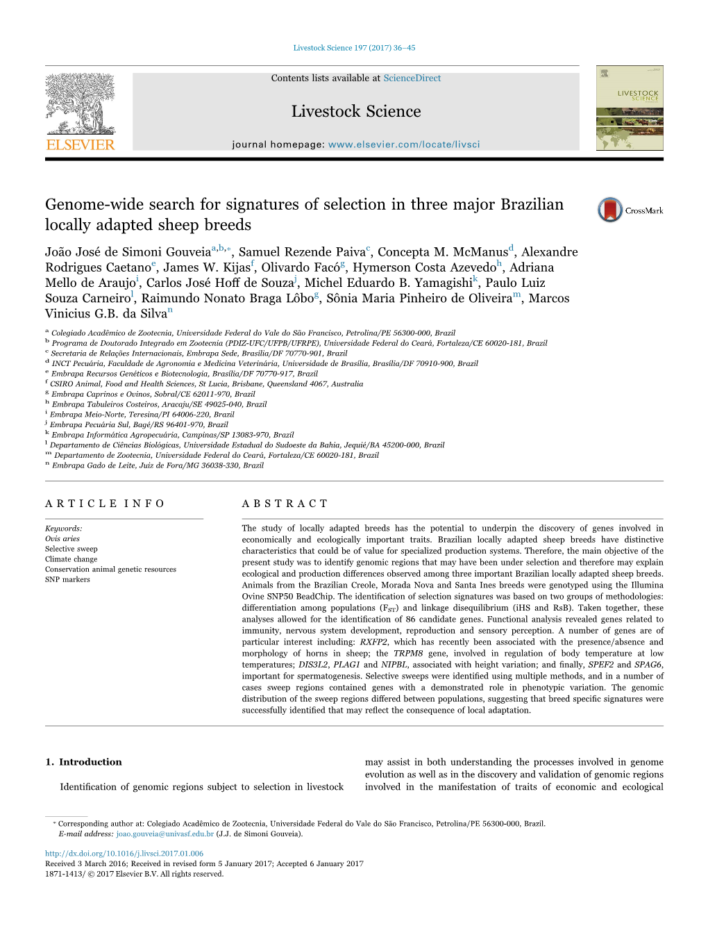 Genome-Wide Search for Signatures of Selection in Three Major Brazilian Locally Adapted Sheep Breeds