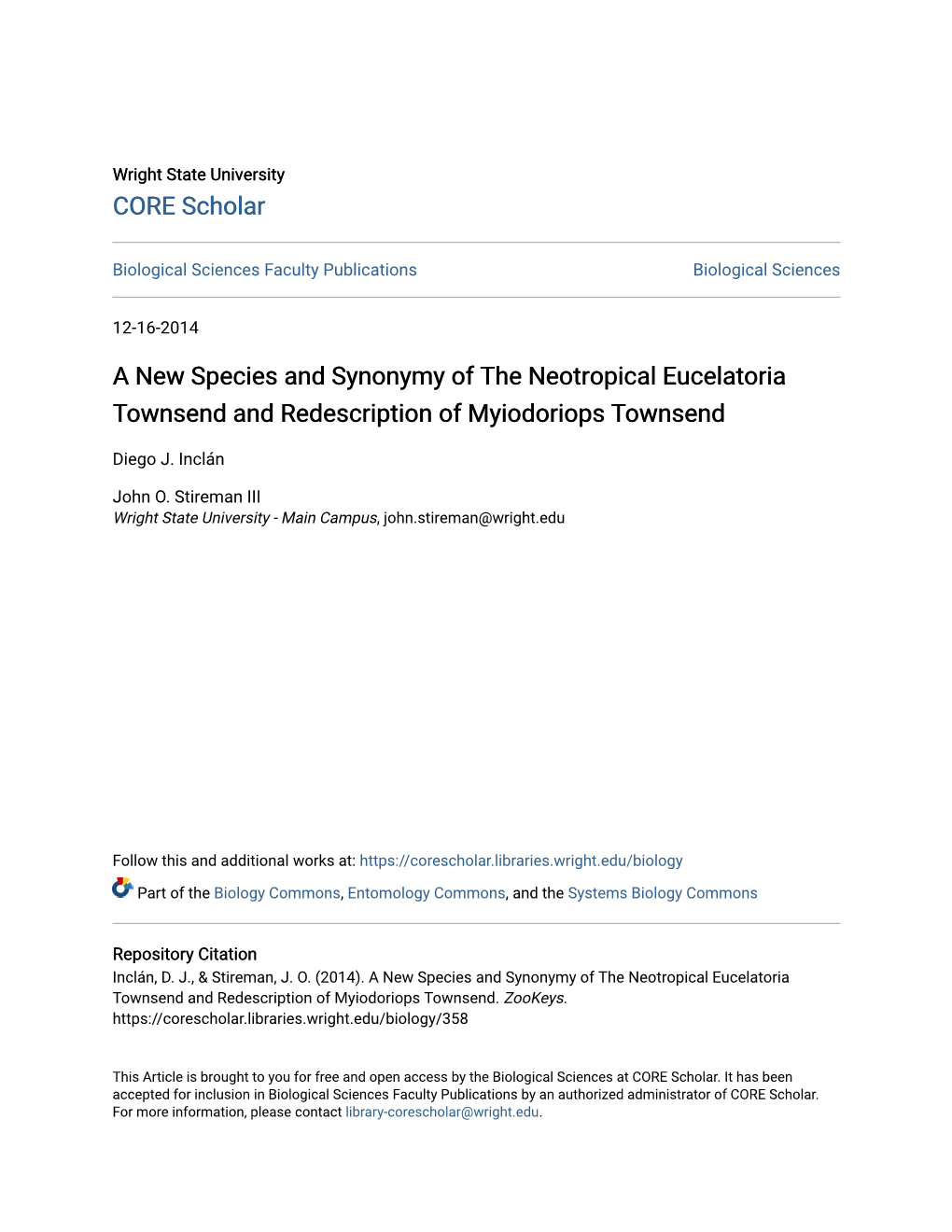 A New Species and Synonymy of the Neotropical Eucelatoria Townsend and Redescription of Myiodoriops Townsend