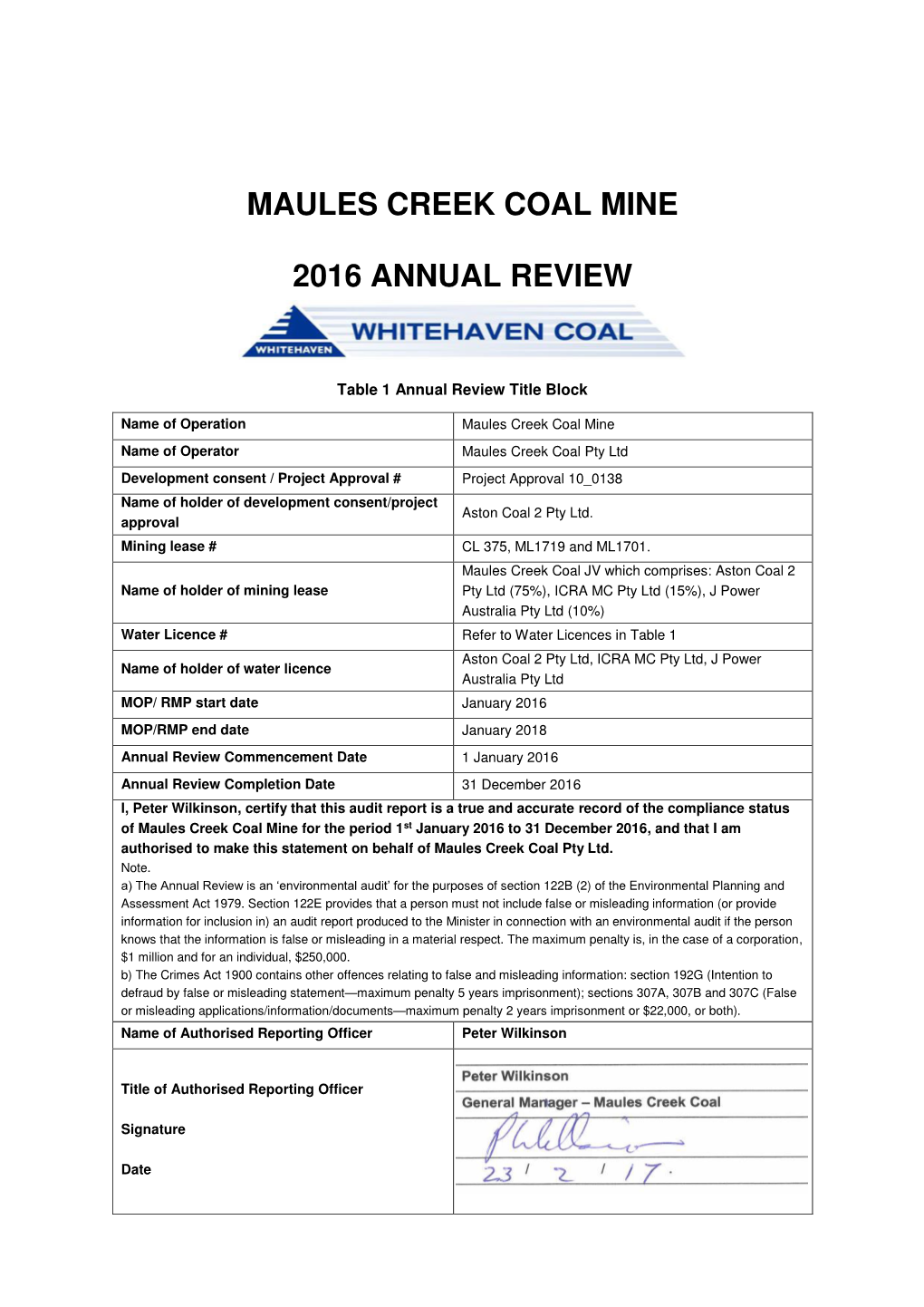 Maules Creek Coal Mine 2016 Annual Review