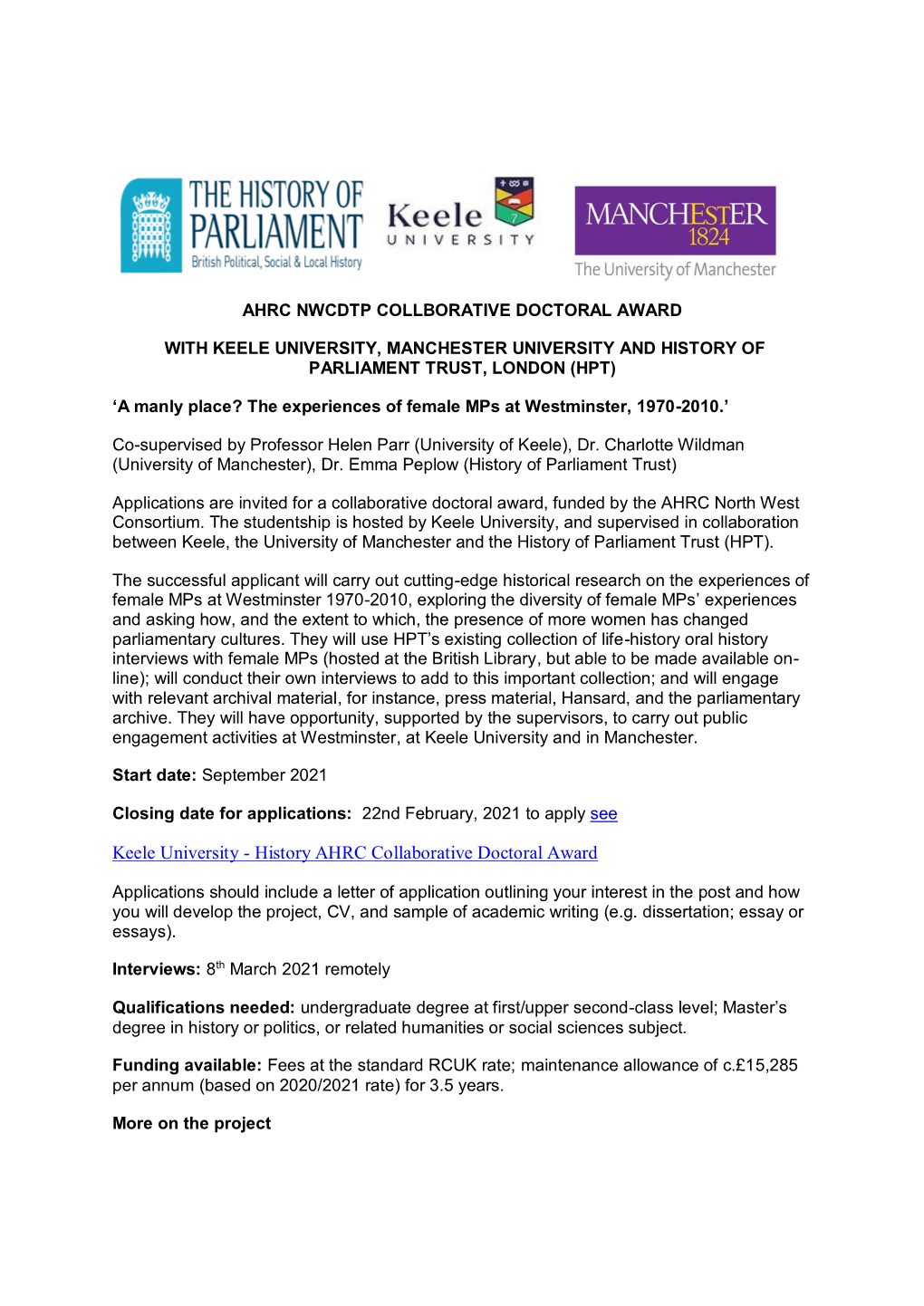 Keele University, Manchester University and History of Parliament Trust, London (Hpt)