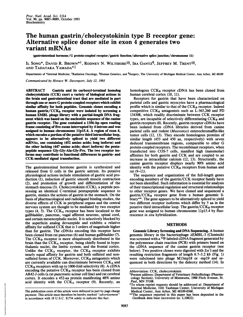 The Human Gastrin/Cholecystokinin Type B Receptor Gene