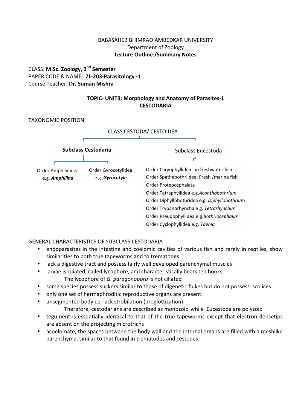 BABASAHEB BHIMRAO AMBEDKAR UNIVERSITY Department of Zoology Lecture Outline /Summary Notes