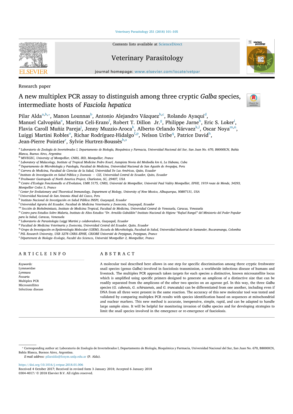 Veterinary Parasitology a New Multiplex PCR Assay to Distinguish Among Three Cryptic Galba Species, Intermediate Hosts of Fascio